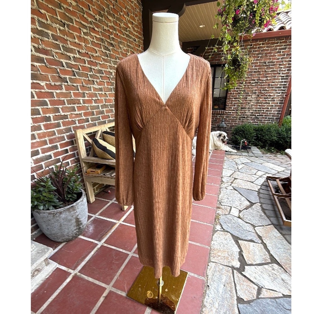 All In Favor Womens XL Gold Brown Plisse V-Neck Long Sleeve Midi Dress